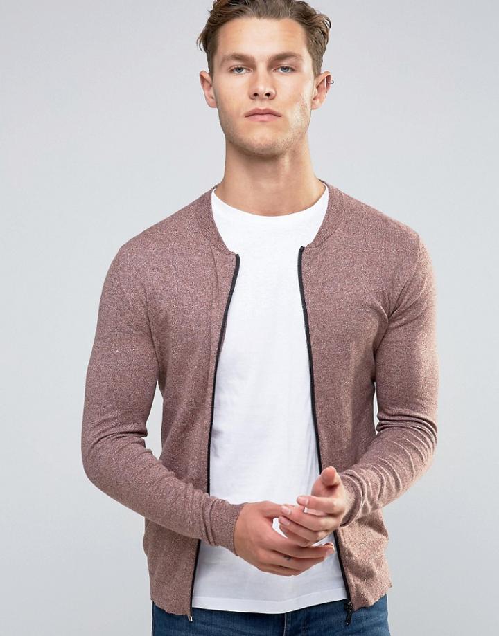 Asos Knitted Cotton Bomber Jacket In Muscle Fit - Pink