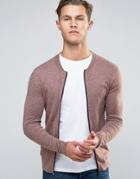 Asos Knitted Cotton Bomber Jacket In Muscle Fit - Pink