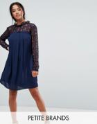 Elise Ryan Petite High Neck Swing Dress With Lace Upper - Navy