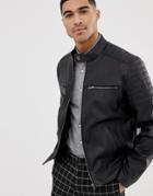 Asos Design Faux Leather Jacket With Quilting-black