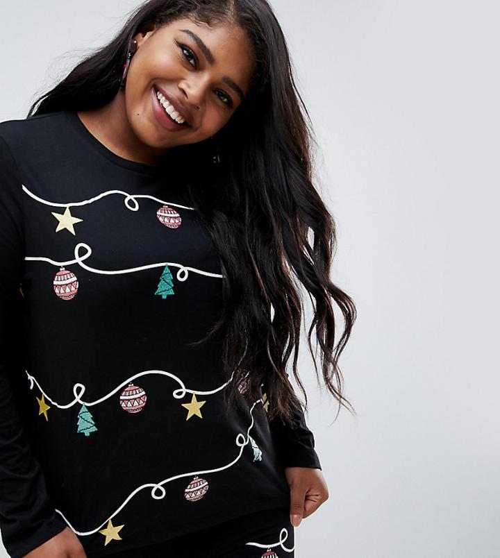 Asos Design Curve Christmas Top With Long Sleeve And Glitter Garland Print Two-piece - Black