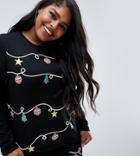 Asos Design Curve Christmas Top With Long Sleeve And Glitter Garland Print Two-piece - Black
