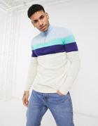 Asos Design Knitted Muscle Fit Half Zip Sweater With Color Blocking In Blue-blues