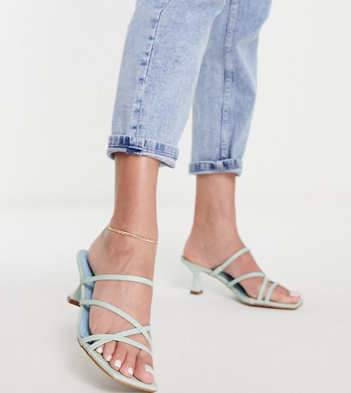 Asos Design Wide Fit Hart Strappy Mid Heeled Mules In Mint-blue