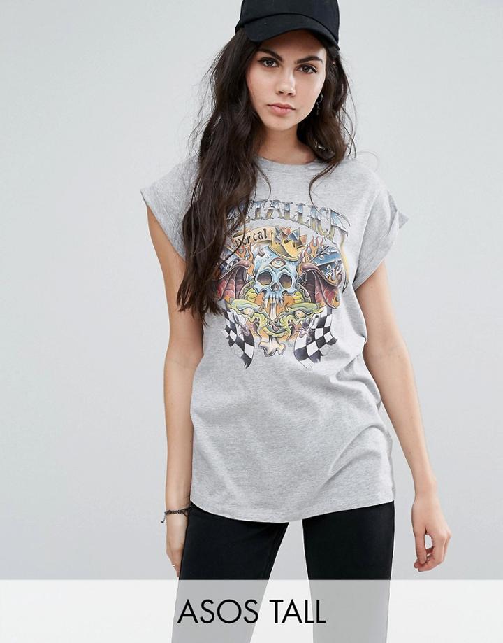 Asos Tall T-shirt With Metallica Print In Washed Oversized Fit - Gray