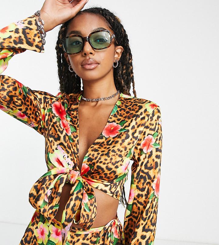 Collusion Leopard Print Satin Tie Front Blouse - Part Of A Set-multi