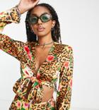 Collusion Leopard Print Satin Tie Front Blouse - Part Of A Set-multi