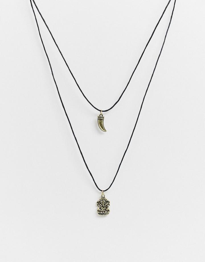 Asos Design Cord Neckchain With Summer Inspired Charms In Burnished Gold-black