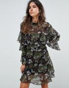 Liquorish Floral Print Tiered Dress - Black