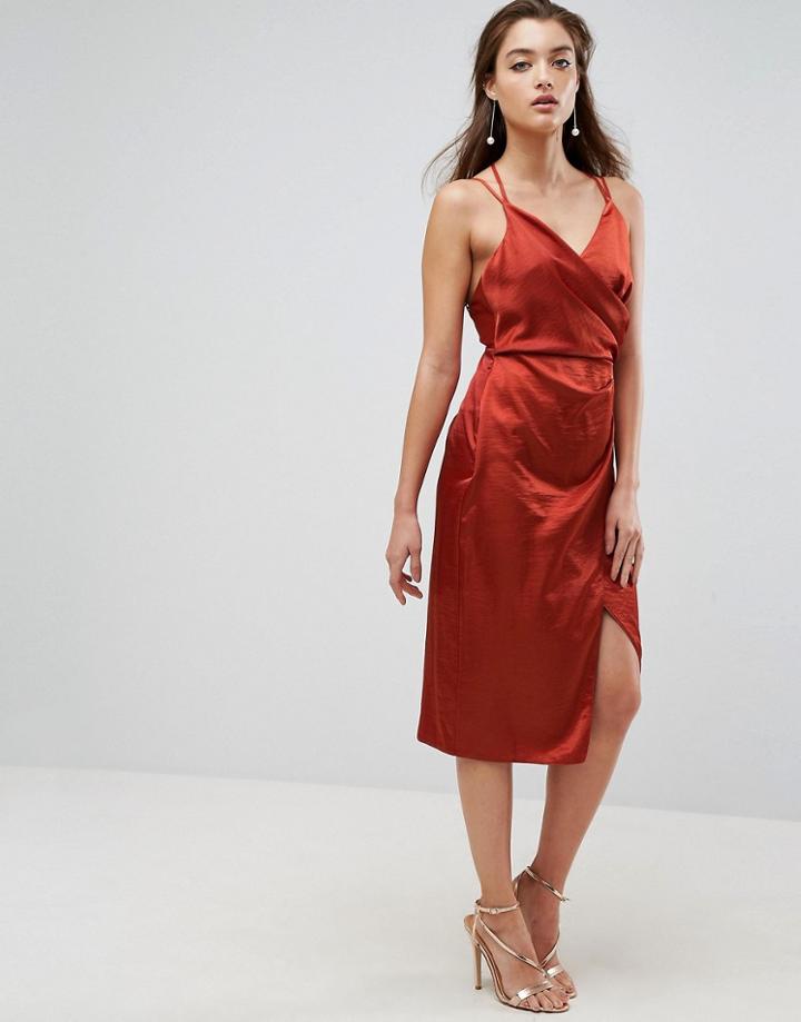 Asos Hammered Satin Cami Wrap Midi Dress - Orange