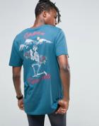 Asos Longline T-shirt With Skeleton Embroidery Back Print - Blue