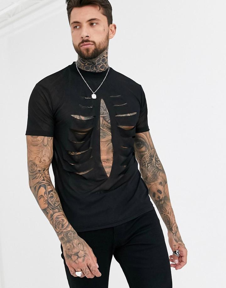 Asos Design Halloween T-shirt In Mesh With Rib Cage Cut Out-black