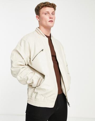 Urbancode Faux Leather Bomber Jacket In Cream-white