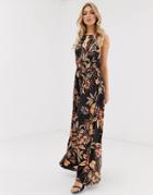 Asos Design Palm Printed Halter Maxi Dress With Cut Out Detail-multi