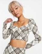 Topshop Check Bengaline Long Sleeve Top In Camel - Part Of A Set-neutral