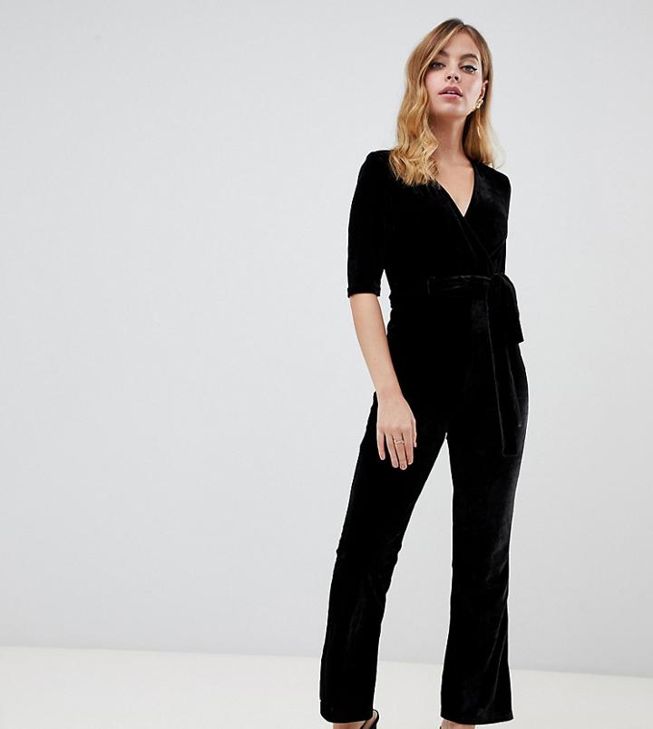 Parisian Petite Velvet Jumpsuit With Belt - Black