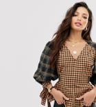Asos Design Tall Long Sleeve V Neck Top With Belt Detail In Mixed Check Print - Multi