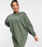 Asos Design Curve Hoodie Sweats Dress In Khaki-green
