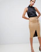 River Island Faux Suede Wrap Front Pencil Skirt In Light Camel-beige
