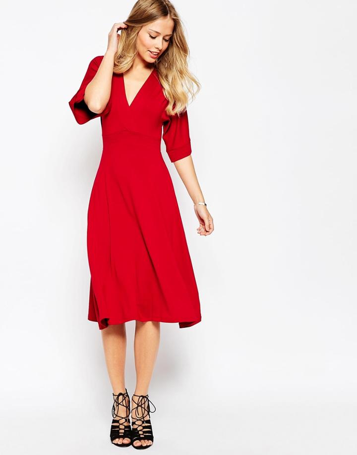 Asos Kimono Sleeve Midi Dress With Stitch Detail - Red