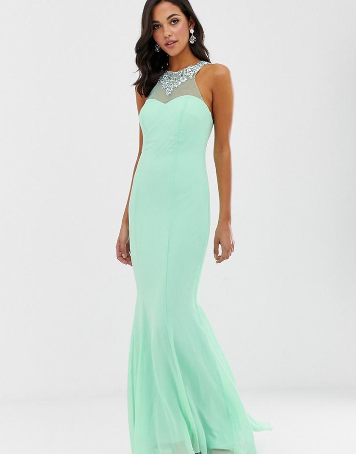 City Goddess High Neck Embellished Detail Maxi Dress - Green
