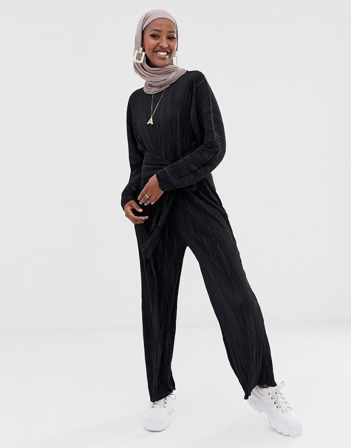 Asos Design Plisse Knot Front Long Sleeve Jumpsuit-blue