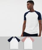Asos Design 2 Pack Raglan T-shirt With Crew Neck With Contrast Sleeves Save-multi