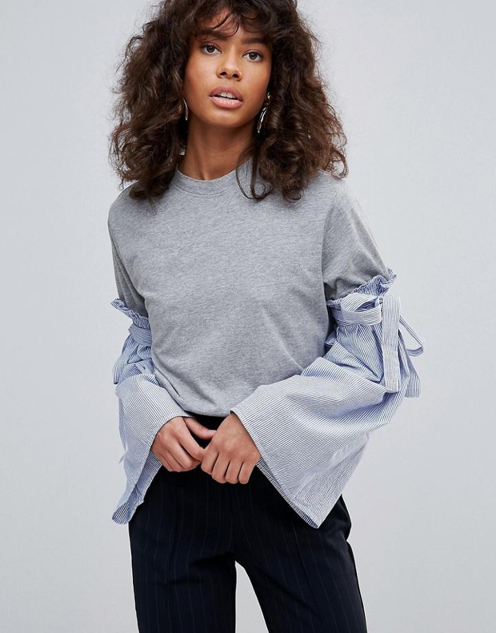 Neon Rose Jersey T-shirt Contrast Stripe Fluted Sleeve - Gray