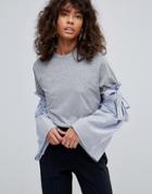 Neon Rose Jersey T-shirt Contrast Stripe Fluted Sleeve - Gray