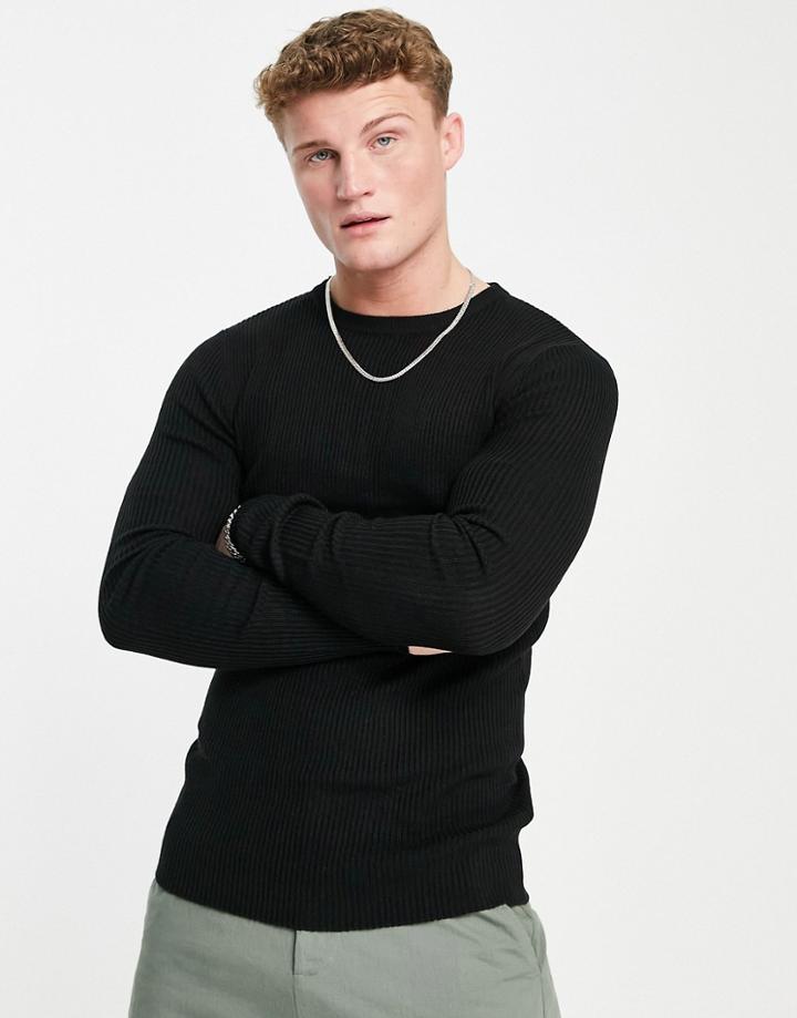 Asos Design Knit Muscle Fit Rib Crew Neck Sweater In Black