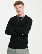 Asos Design Knit Muscle Fit Rib Crew Neck Sweater In Black