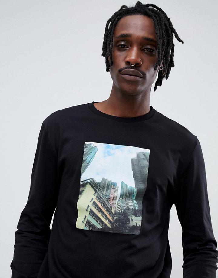 Asos Design Relaxed Long Sleeve T-shirt With Photographic Print - Black