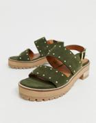 Asos Design Fenrick Premium Chunky Leather Studded Flat Sandals-green