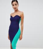 Vesper Sweetheart Bandeau Pencil Dress With Contrast Wrap Skirt In Navy - Multi