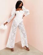 Asos Luxe Sheer Lace Jumpsuit With Puff Sleeves In White
