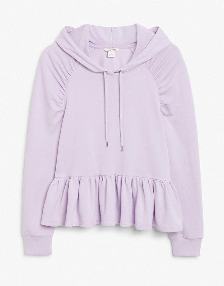 Monki Siw Organic Cotton Ruffle Hem Hoodie In Lilac-purple