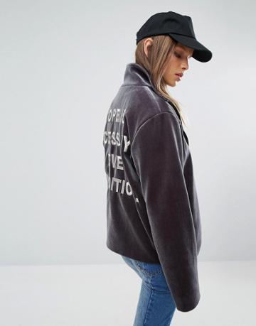 Stylenanda Bonded Velvet Jacket With Back Slogan - Gray