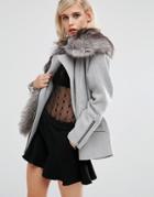 Lost Ink Boyfriend Coat With Large Faux Fur Scarf - Gray