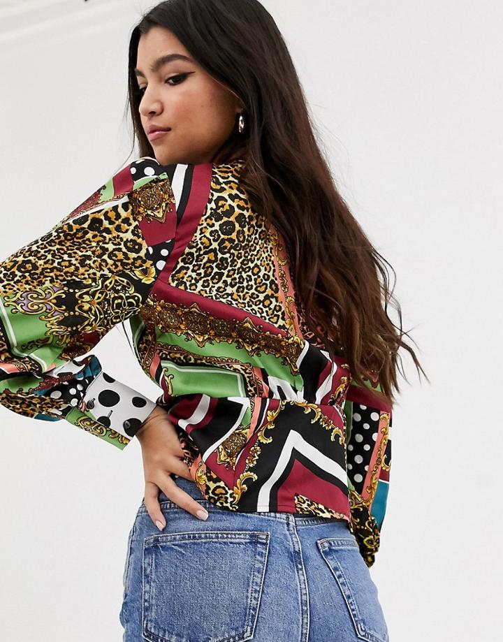 Outrageous Fortune Plunge Front Blouse In Scarf Print