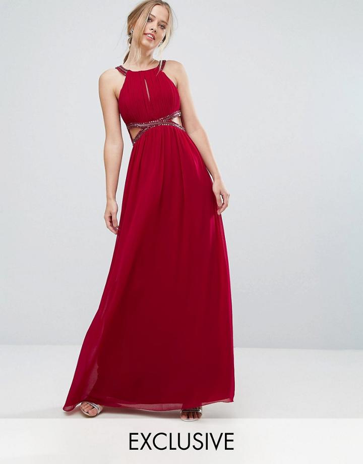 Little Mistress Chiffon Maxi Dress With Cut Outs And Embellishment - Red
