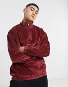 Asos Design Set Oversized Sweatshirt With Half Zip In Velour With Numerals Satin Embroidery-red