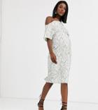 Asos Design Maternity Fallen Shoulder Lace Midi Dress In Mono-multi