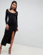 Asos Design Long Sleeve Scoop Neck Maxi Dress With Thigh Split-black