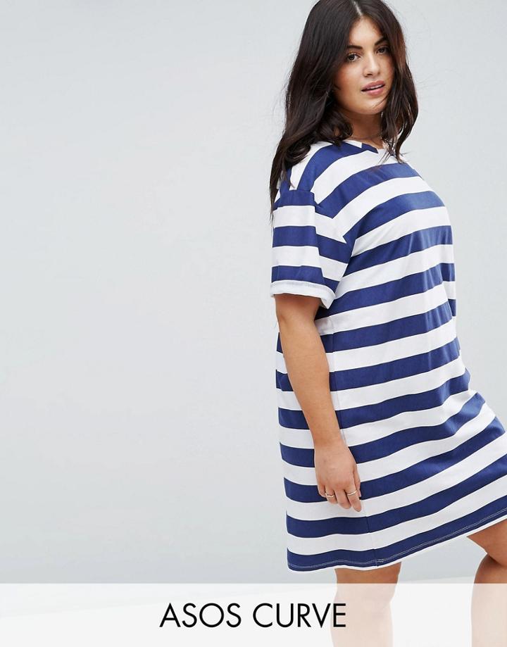 Asos Curve Ultimate T-shirt Dress With Rolled Sleeves In Stripe - Multi