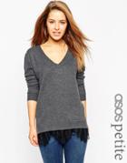 Asos Petite Sweater With V-neck & Lace Hem - Gray