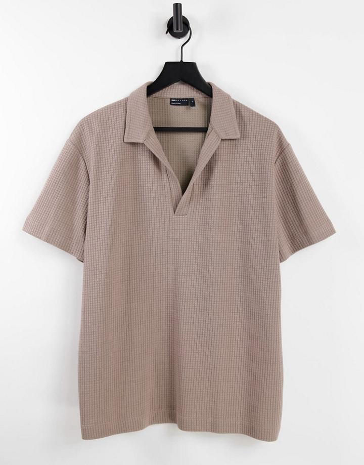 Asos Design Oversized Deep V Polo In Lightweight Waffle Fabric In Light Brown