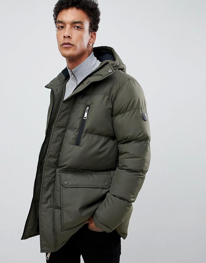 Criminal Damage Longline Puffer Jacket In Khaki-green