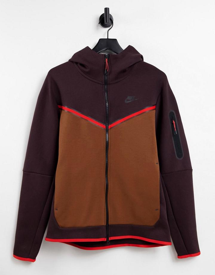 Nike Tech Fleece Full-zip Color Block Hoodie In Dark Brown/tan