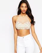 Asos Festival Crop Top With Premium Mermaid Embellishment And Mesh Panel - Nude