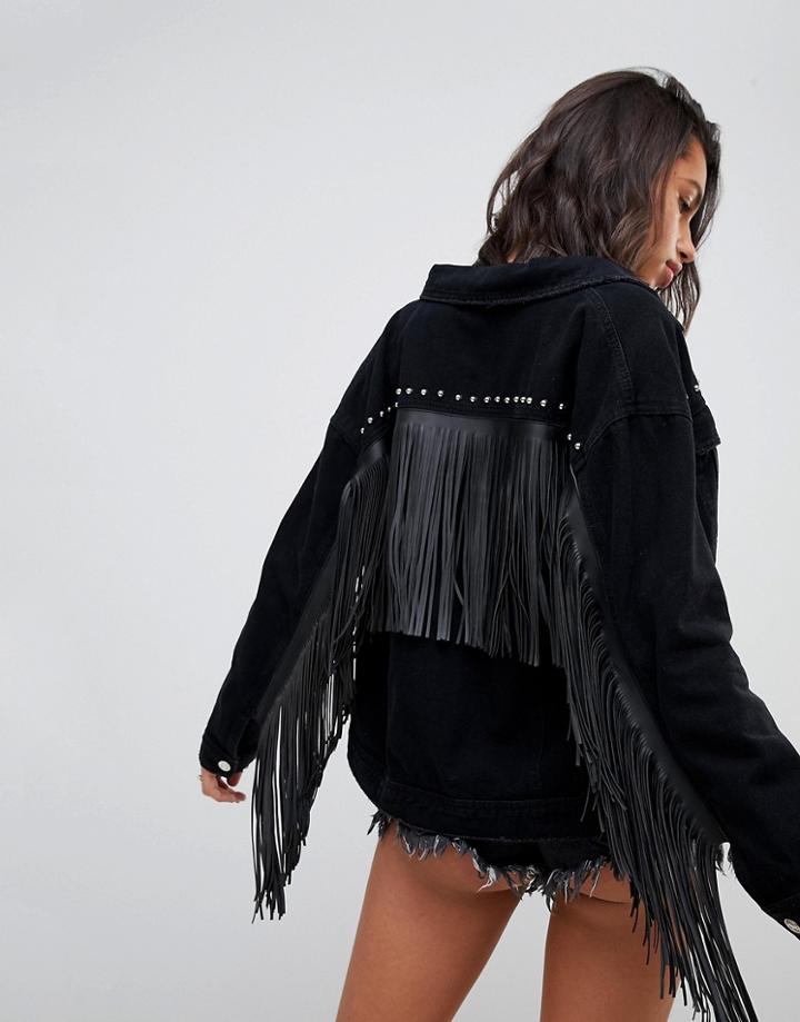Missguided Tassel And Stud Denim Jacket - Black